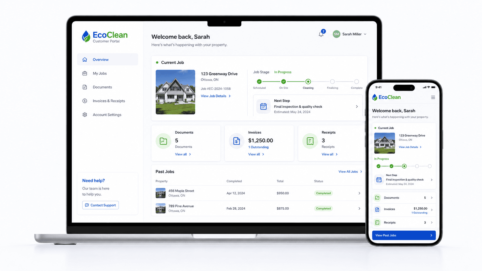 EcoClean customer portal showing job status, photos, invoices, and project packet