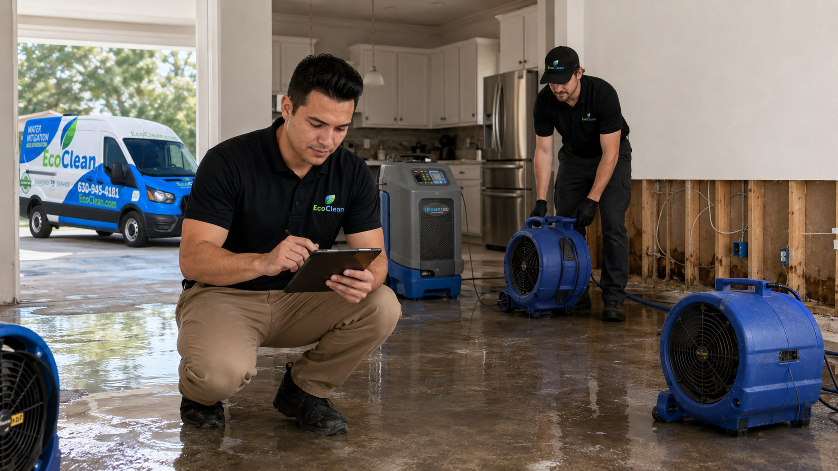 EcoClean technicians extracting water and setting up drying equipment in a residential interior.