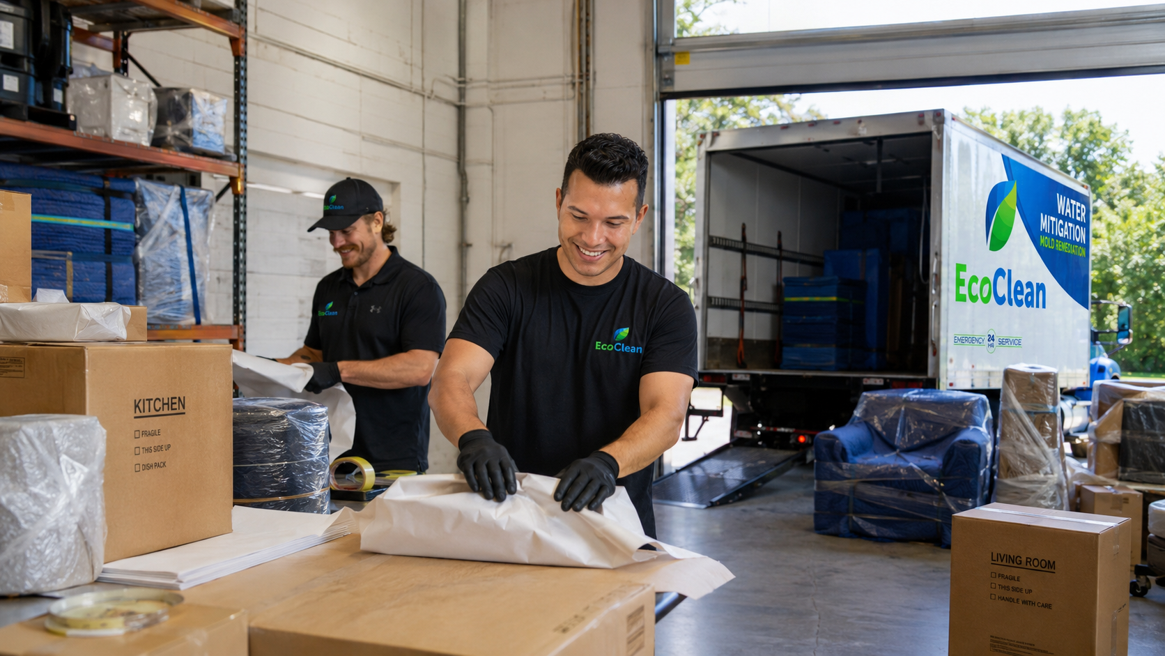 EcoClean crew carefully packing belongings during a contents pack-out, with the service truck visible in the background.