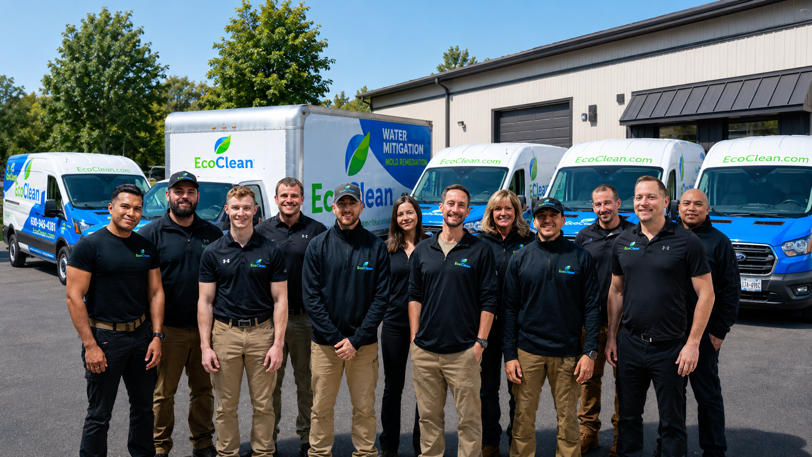 The EcoClean restoration crew in matching uniforms with the service fleet.
