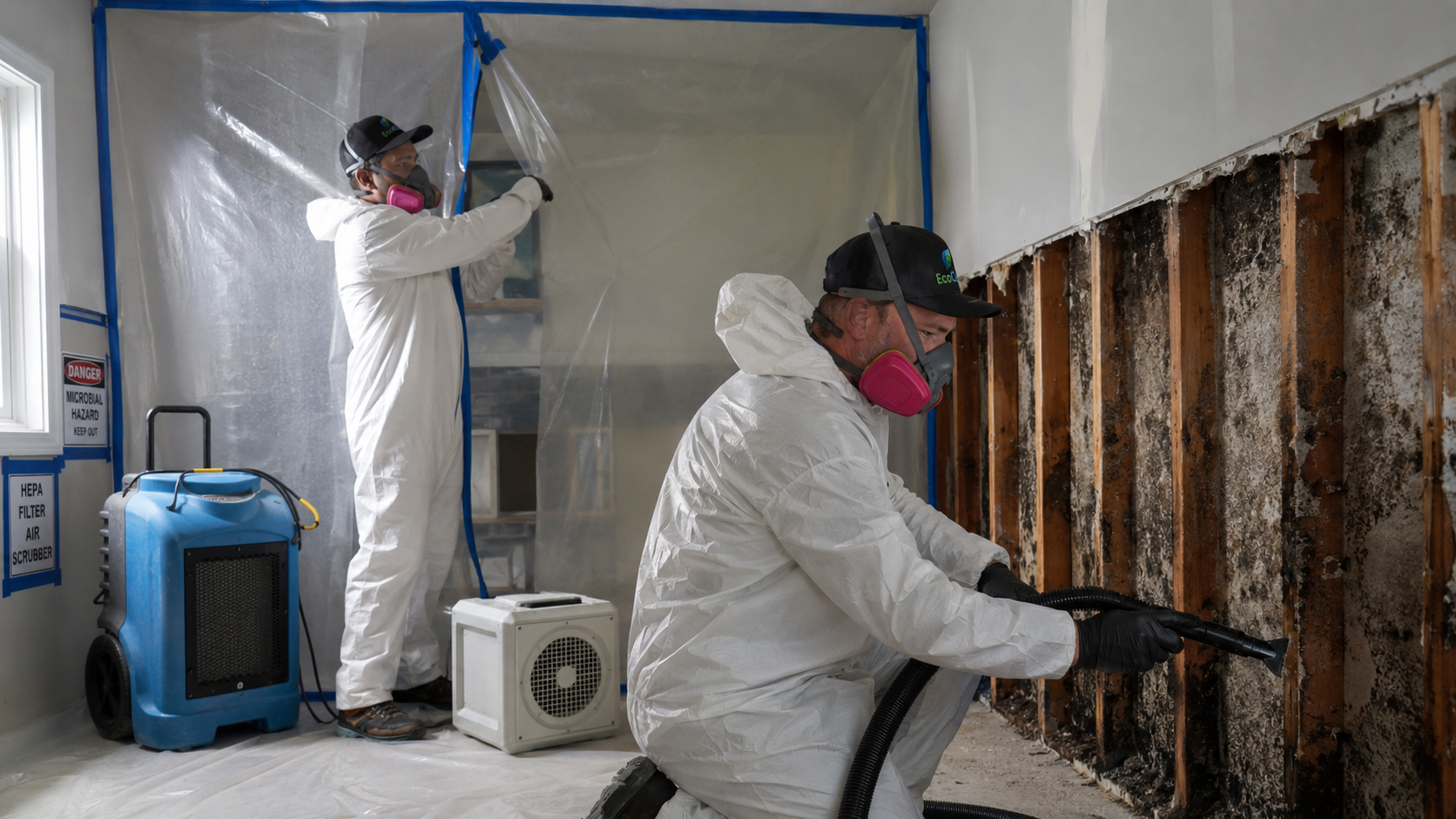 EcoClean technicians in PPE performing mold remediation inside a sealed containment area.